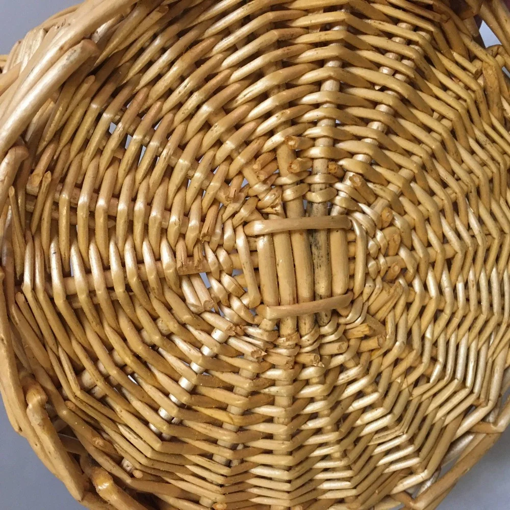 Wicker Round Basket Unisex Small Natural Tan Hand Woven Fixed Handle Cottagecore